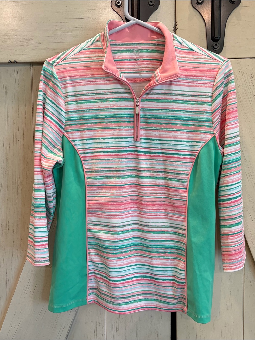 Ruby Rd. Pink and Teal Striped Quarter-Zip Pullover Size Medium